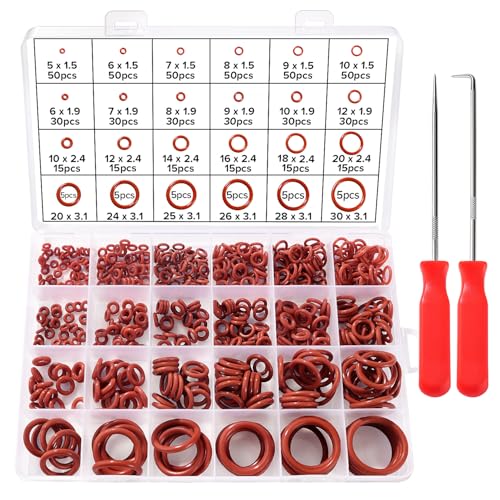 Lyeteung 600 Stücke 24 Größen O Ring Dichtungsringe Set, Silikon Dichtungen Ringe Kit, O Ring Sortiment mit Pick und Haken, für Sanitär Unterlegscheiben Auto Schnellreparatur, Rot von Lyeteung