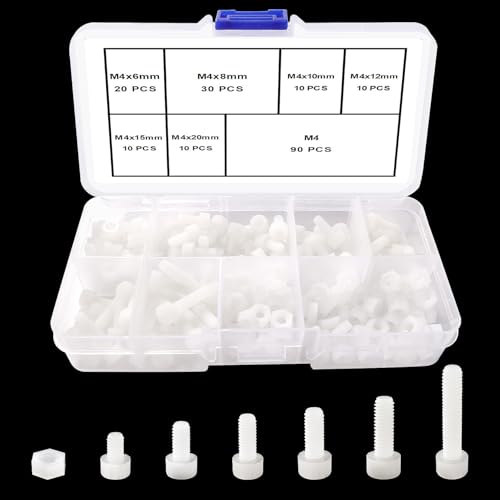 Lyeteung 90 Sets 6 Größen M4 Nylon Hexagon Sockel Schrauben Muttern Kit, Nylon-Innensechskantschrauben, Kunststoff Sechskant Mutter, für Befestigungselemente, Weiß von Lyeteung