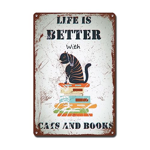 Lygond Metallschild Blechschild Vintage Wandkunst Life is Better with Books and Cats Gartenschild für Club 20,3 x 30,5 cm von Lygond