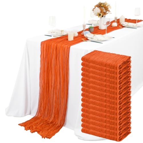 Lykoow Seihtuch-Tischläufer, Orange, 3 m, rustikale Gaze, Boho, Hochzeit, Tischdekoration, Tischdecke für Hochzeit, Party, Brautdusche, 54,6 x 304,8 cm, 15 Packungen von Lykoow