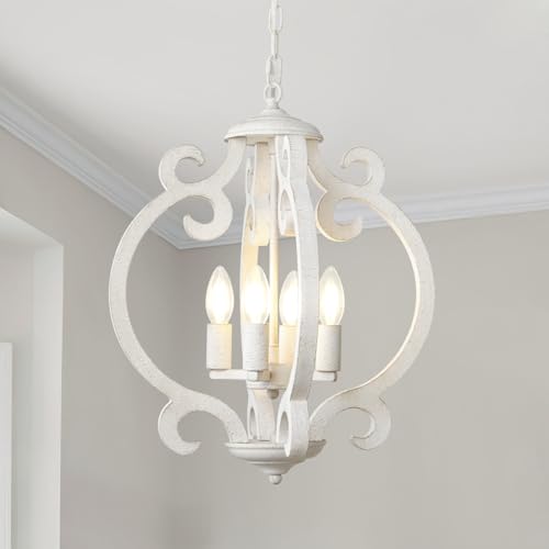 LynPon 4-flammiger Weiße Kronleuchter Holz Rustikal Deckenleuchte Vintage Leuchter Chandelier Holz Pendelleuchte Hängeleuchte Luster für Esszimmer, Küche, Wohnzimmer, Schlafzimmer, Flur von LynPon