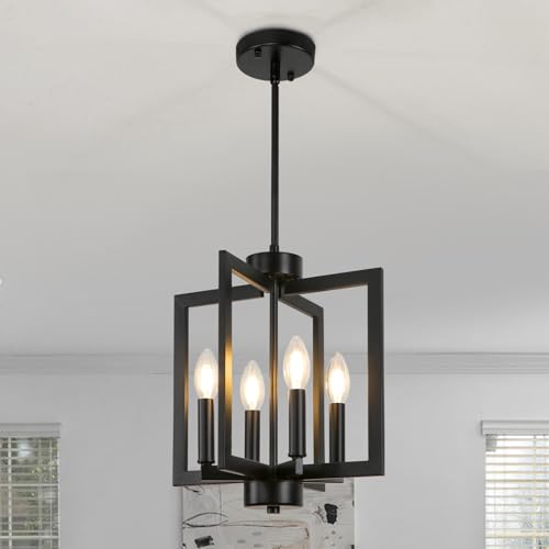 LynPon 4-flammiger schwarzer Kronleuchter Deckenlampe, Industrielle Metall-Hängelampe, Moderne Pendelleuchte mit E14-Fassung für Esszimmer, Wohnzimmer, Schlafzimmer, Küche, Flur, Eingangsbereich von LynPon