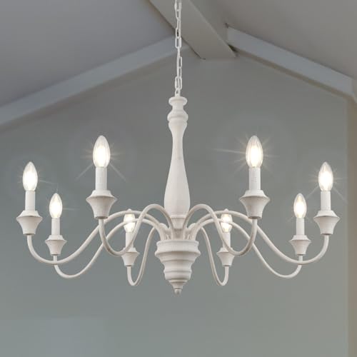 LynPon Kronleuchter Vintage Weiß, 8 Flammig Französische Landhaus Holz Esstisch Pendelleuchte, E14 Rustikal Bauernhaus Retro Deckenleuchte Hängend Lampe für Wohnzimmer, Schlafzimmer, Esszimmer, Küche von LynPon