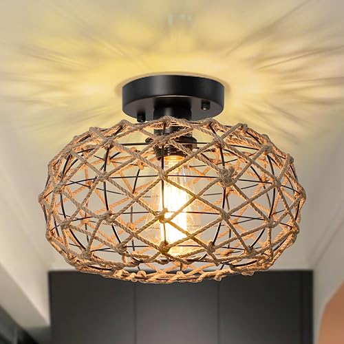 LynPon Boho Deckenleuchte Gewebtes Hanfseil Rattan Geflecht Käfig Retro Rustikale Küsten Deckenlampe für Schlafzimmer, Flur, Eingangsbereich, Küche von LynPon