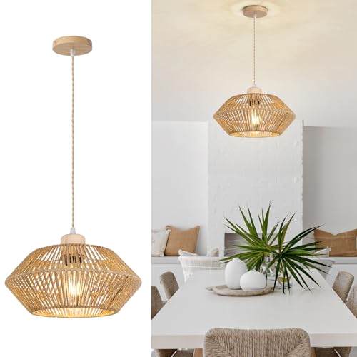 LynPon Boho Pendelleuchte Rattan Korbgeflecht Hängeleuchte Kronleuchter Deckenleuchte Wohnzimmer Schlafzimmer Esszimmer Flur Treppe Küchen Mit Lampenschirm, Ohne E27 Glühbirne von LynPon