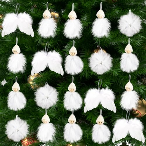 Lyneun 20 Stück weihnachtsschmuck weiß,4 Stück Engelsflügel Weihnachtsbaum und 4 Stück Schneeflocke Dekorationen, 12 Stück Weihnachtspuppen, Fantasie Engelsflügel Deko für Weihnachtsfeier Dekoration von Lyneun