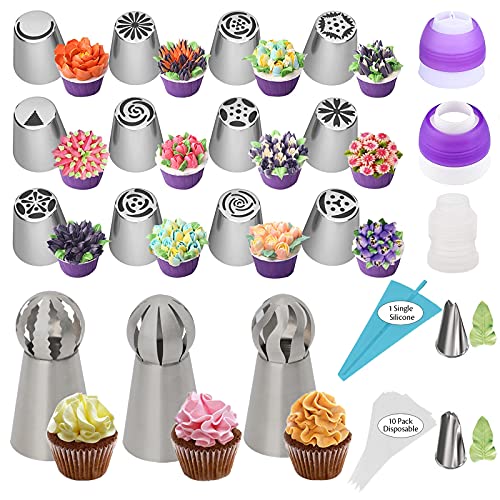 31 TLG Russische Edelstahl Spritztüllen Set, Spritztüllen Tüllen Set Backzubehör mit Silikon Spritzbeutel Mehrweg und 3-Farben-in-1 Adapter Zubehör für Cupcake Dekoration Torten Kuchen von Lyneun