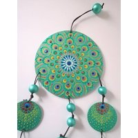 Wohndekoration, Fensterdeko, Mandala Mobile Auf Holz, Gold Türkis Farben Handbemalt, Unikat von LyniesGalerie