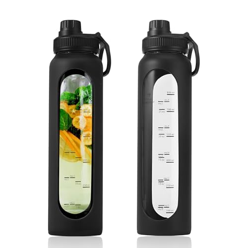 LynsaTac Glas-Wasserflasche mit gepolstertem Griff und zeitmarkierter Trinkskala, für Schreibtisch-Workouts, Fitness-Studios und Wanderausflüge, perfekt für Eiskaffee, Kräutertee und angereichertes LynsaTac Glas-Wasserflasche mit gepolstertem Griff und zeitmarkierter Trinkskala, für Schreibtisch-Workouts, Fitness-Studios und Wanderausflüge, perfekt für Eiskaffee, Kräutertee und angereichertes von LynsaTac