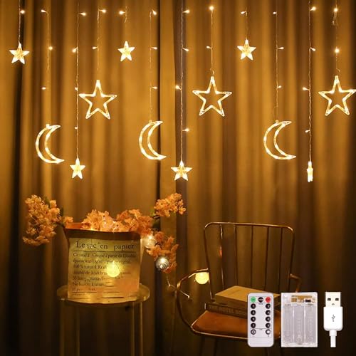 Lypumso Ramadan Lichterkette, 3.5M Sterne Mond Lichterkette, 8 Modi LED Ramadan Lichter mit Timer USB/Batterie IP44, Lichtervorhang Stern Mond Ideal für Fenster, Balkon, Party, Hochzeit von Lypumso
