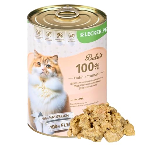Lecker.Pet® | 6 x 400 g Balu's 100% Huhn und Truthahn Katzen Nassfutter | Hochwertiges Katzenfutter aus Huhn | Getreidefrei & ohne Zuckerzusatz | Natürlich & ohne Zusatzstoffe | Reich an Proteinen von Lyra Pet
