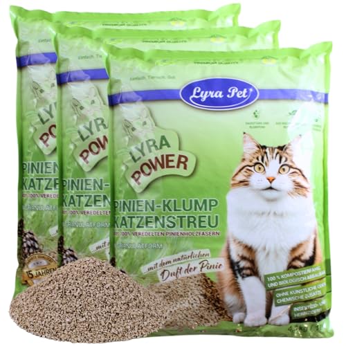 Lyra Pet® | 3 x 10 Liter Lyra Power Pinien Klump Katzenstreu | Natürliche, biologisch abbaubare Klumpstreu | 500% Saugkraft | Auch für empfindliche Katzen | Staubarm für eine saubere Wohnung von Lyra Pet
