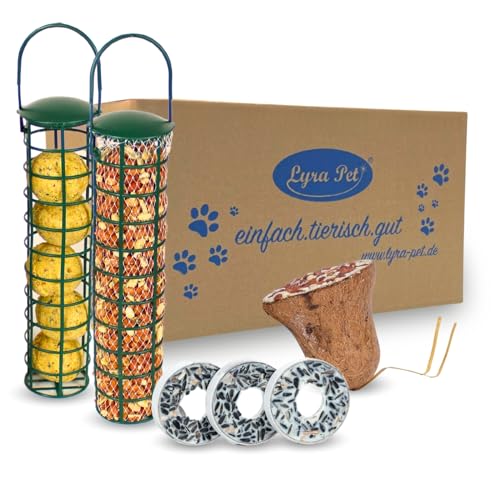 Lyra Pet® | Vogelfutter Starterpaket klein | Meisenknödel & Erdnusskerne mit Haut im Spender | Futterglocke & Meisenringe | Nährstoffreiches Vogelfutter für Sommer & Winter | Energie für Wildvögel von Lyra Pet