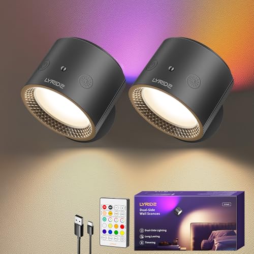 Lyridz Led Wandleuchte innen Doppelte Seitenbeleuchtung - Wandlampe Akku 5000mAh mit 3 Farbmodi & 8 RGB-Farben Dimmbar - 360°Drehbare Led Wandbeleuchtung mit Timer Funktion für Schlafzimmer, 2 Stück von Lyridz