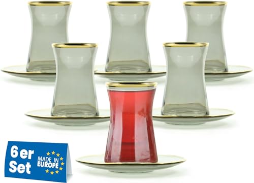 Lyros Teegläser Set - 6er Pack, Dunkles Glas & Untersetzer verziert, Golden verarbeitet, Handverarbeitet von Lyros