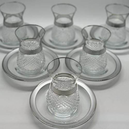 Lyros Teegläser Set - 6er Pack, Glas und Untersetzer verziert in Silber, Handverarbeitet von Lyros