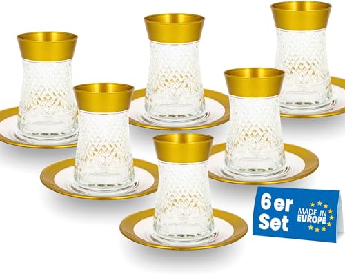 Lyros Teegläser Set - 6er Pack, Transparentes Glas mit goldener Verarbeitung, Handverarbeitet, mit 6 Untersetzer von Lyros