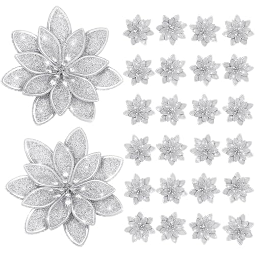 Lyrow 24 Stück Weihnachten Glitzer Weihnachtsstern Künstliche Blume mit Clips 10,2 cm Xmas Blumen Dekoration Weihnachtsbaum Kränze Girlande Dekor für Urlaub Party Ornamente (Silber) von Lyrow