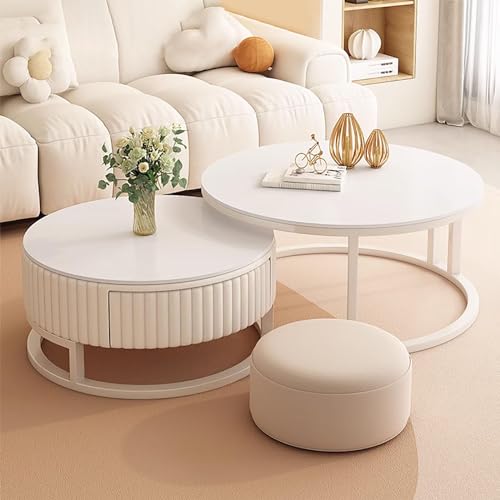 Moderner Couchtisch mit Ottomane aus Holz und Stauraum, Mitteltische for das Wohnzimmer, weißes Set mit Schubladen, stilvolles Design, einfacher Zusammenbau, Metallrahmen, ideal als Wohnzimmerdekor von LyzqxHL