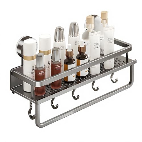 LzPoaitr Duschablage ohne Bohren, Duschregal mit Saugnapf - Rostfreie Alu Wandregal mit 5 Haken, 40cm für Badezimmer in Schwarz LzPoaitr Duschablage ohne Bohren, Duschregal mit Saugnapf - Rostfreie Alu Wandregal mit 5 Haken, 40cm für Badezimmer in Schwarz von LzPoaitr