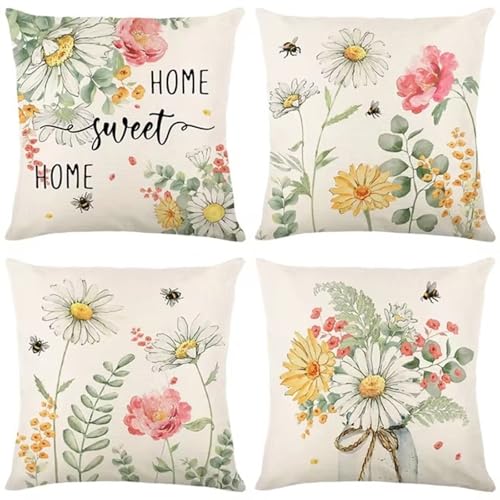 Kissenbezug 45x45 cm 4er Set Kissenhülle Leinen Sofakissen Waschbar Textil Outdoor Kissenhülle Mit Reißverschluss Kissenhülle Groß Für Sofa Wohnzimmer Kinderzimmer Garten Balkon Blumen S8044 von Lzonge