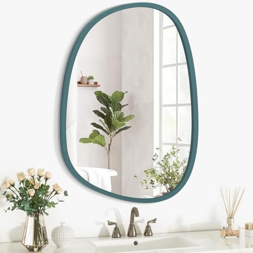Lzuso Unregelmäßiger Holzspiegel mit Rahmen Ovaler asymmetrischer Spiegel für die Wand Wohnzimmer Schlafzimmer Badezimmer Eingang Flur Modern Einzigartig Dekorativ Kunstvoll Hängender Spiegel Rosa von Lzuso