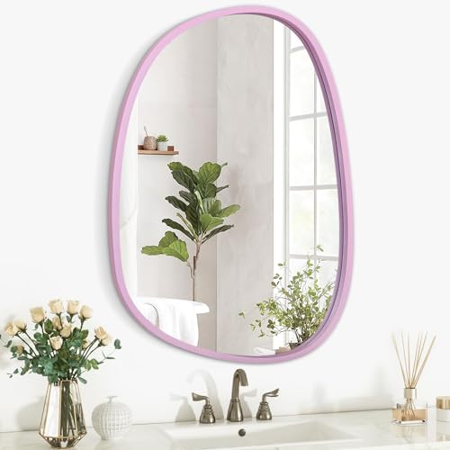 Lzuso Unregelmäßiger Holzspiegel mit Rahmen Ovaler asymmetrischer Spiegel für die Wand Wohnzimmer Schlafzimmer Badezimmer Eingang Flur Modern Einzigartig Dekorativ Kunstvoll Hängender Spiegel Rosa von Lzuso