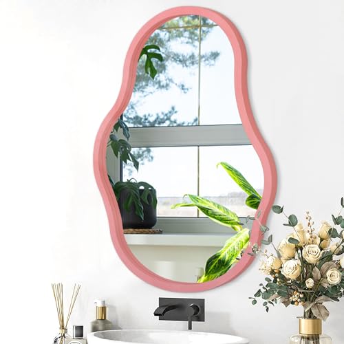 Unregelmäßiger Wandspiegel mit Holzrahmen moderner asymmetrischer einzigartiger Wandspiegel zum Aufhängen künstlerischer Wellenspiegel Dekor Badezimmer Waschtisch Schlafzimmer Wohnzimmer groß rosa von Lzuso