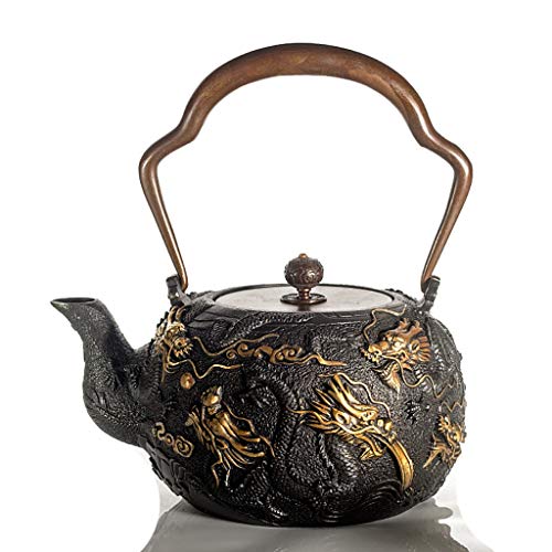 Teekanne Teekanne aus Gusseisen im japanischen Stil Tetsubin Tea Kettle 1.3L |Teekessel aus Gusseisen zum Warmhalten des Tees |Vergoldung Neun Drachen Muster High-End-Gusseisenkessel von M-CH