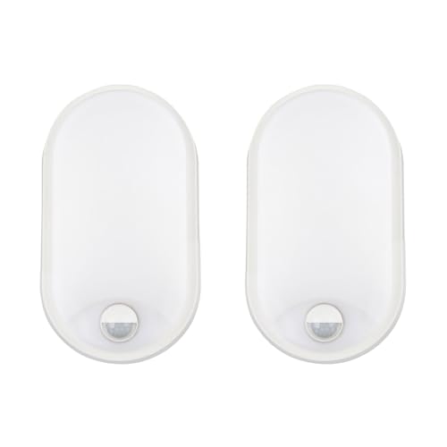 18W Oval LED Außenwandleuchte mit PIR-Bewegungsmelder 4000K IP65 wasserdicht für Garten, Terrasse, Garage, Flur, Keller, Wintergarten in Weiß - LED Wandlampe mit Bewegungssensor - 2 Stück von M EGA MEGACUBE