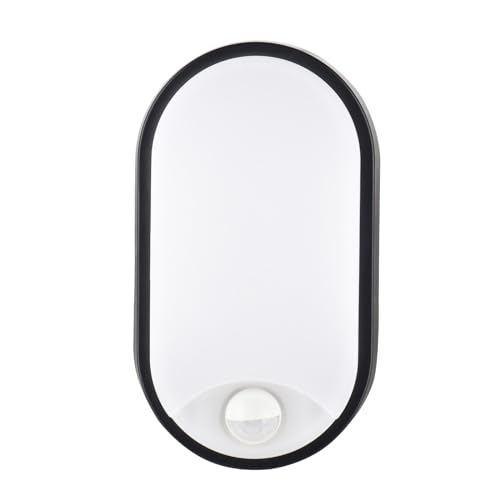 M EGA MEGACUBE 18W Oval LED Außenwandleuchte mit PIR-Bewegungsmelder 4000K IP65 wasserdicht für Garten, Terrasse, Garage, Flur, Keller, Wintergarten in Schwarz - LED Wandlampe mit Bewegungssensor von M EGA MEGACUBE