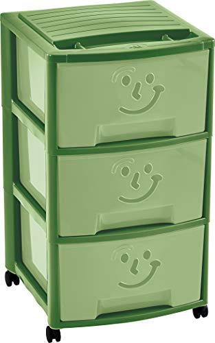 M-Home Fantasievoller Aufbewahrungsschrank für Kinder, mit 3 Schubladen und Rollen, Kunststoff, grün, 37 x 39 x 67 cm von M-Home