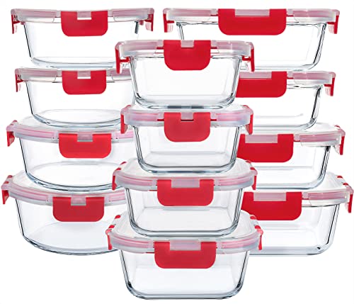 24-teiliges Glas-Frischhaltedosen mit verbessertem Schnappverschlussdeckel, Glas-Mahlzeiten-Vorbereitungsbehälter-Set – luftdichte Lunchbehälter, Mikrowelle, Gefrierschrank und Spülmaschine, rot von M MCIRCO
