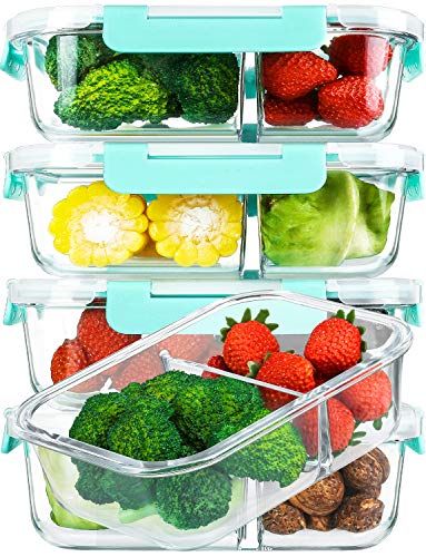 [5er-Pack, 1020 ml] Glasbehälter für Mahlzeiten, 2 Fächer, Portionskontrolle mit verbesserten Schnappverschluss-Deckeln, Glas-Lebensmittelbehälter, Gefrierschrank und Spülmaschine (4.5 Tassen, grün) von M MCIRCO