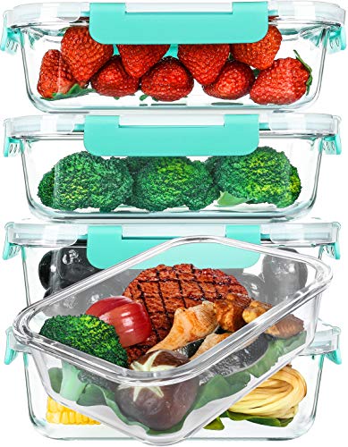 Glasbehälter für Mahlzeiten mit Schnappverschlussdeckel, luftdichter Lunchbehälter, Mikrowelle, Ofen, Gefrierschrank und Spülmaschine (4,5 Tasse, grün), 5 Stück von M MCIRCO