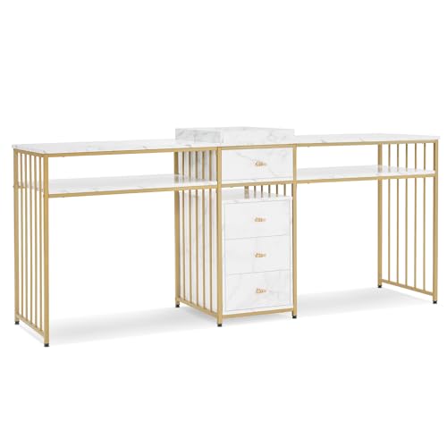 M MCombo Doppelnageltisch mit Schubladen, Schreibtisch mit Regal, Manikürtisch, Schminktisch ohne Spiegel Wohnzimmer Modern, Marmor-Weiß Gold, 50 x 200 x 86cm, 2413 von M MCombo