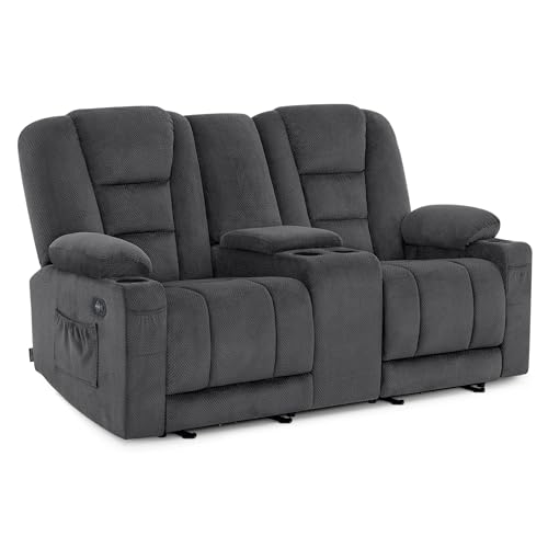 M MCombo Elektrisch 2 Sitzer Sofa mit Schlaffunktion, 2er Relaxsofa mit Taste 150° Verstellbar, Kinosessel mit Liegefunktion, Konsole & USB & Getränkehalter, 7009 (Grau) von M MCombo