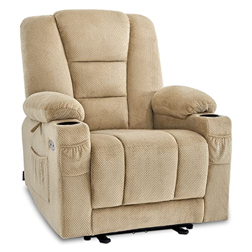 M MCombo Fernsehsessel elektrisch verstellbar 7008, Relaxsessel mit Liegefunktion, TV Sessel mit Massage & Wärmefunktion, USB & Getränkehalter, Wohnzimmer (Stoff, Beige) von M MCombo