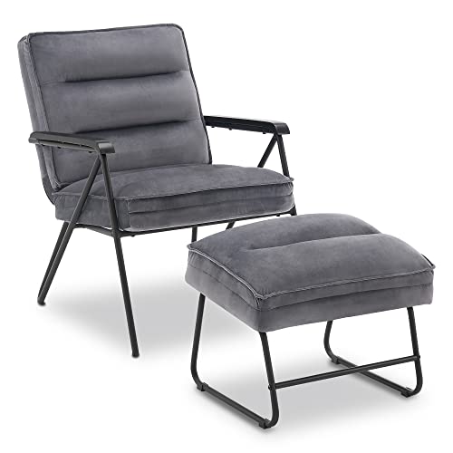 M MCombo Grau Relaxsessel mit Hocker, bequemer Polstersessel, moderner Wohnzimmerstuhl, Samt, 4750(Grau, mit Hocker) von M MCombo