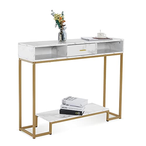 M MCombo Konsolentisch Schmal mit Schubladen, Modern Beistelltisch Marmor Gold Metallgestell, Eingangstisch für Flur Wohnzimmer Schlafzimmer, 120×30×92cm, 2281 von M MCombo