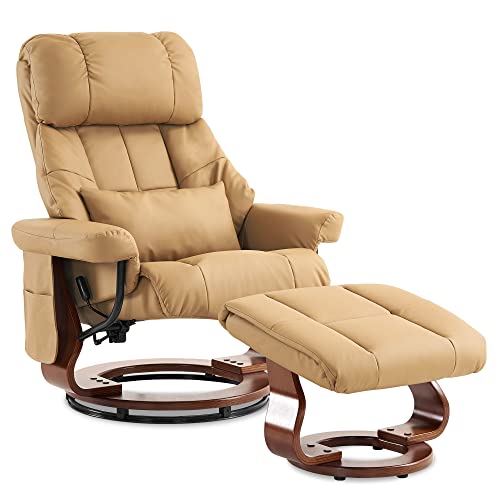 M MCombo Massagesessel mit Hocker, 360° drehbarer Relaxsessel mit Liegefunktion, moderner TV-Sessel Fernsehsessel mit Seitentasche für Wohnzimmer, Kunstleder, 9068 (Gelbbeige) von M MCombo