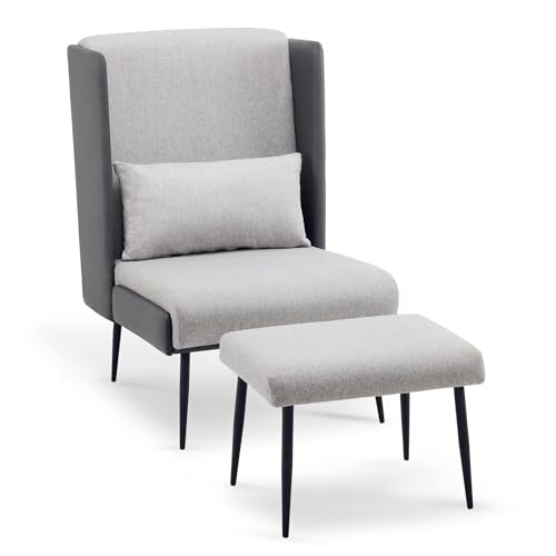 M MCombo Ohrensessel mit Hocker, Polstersessel Relaxsessel für Wohnzimmer, Lesesessel Bequem, Fernsehsessel mit Flügelrücken, Loungesessel Modern, Stoff/Kunstleder 4707 (Grau) von M MCombo