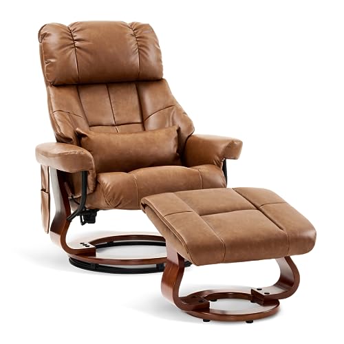 M MCombo Relaxsessel mit Hocker, Drehbare Fernsehsessel mit Liegefunktion, Moderner TV-Sessel Stuhl für Wohnzimmer, mit Kissen & Seitentasche, 9066SD (Braun, Kunstleder) von M MCombo