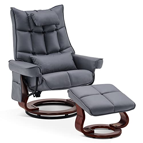 M MCombo Relaxsessel mit Hocker, Drehbare Fernsehsessel mit Liegefunktion, Moderner TV-Sessel Stuhl für Wohnzimmer, mit Kissen & Seitentasche, Mikrofaser in Lederoptik, 9076 (Blaugrau) von M MCombo