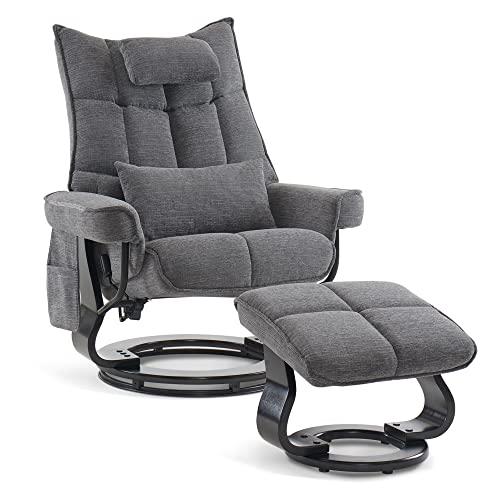 M MCombo Relaxsessel mit Hocker, Drehbare Fernsehsessel mit Liegefunktion, Moderner TV-Sessel Stuhl für Wohnzimmer, mit Kissen & Seitentasche, Stoff, 9076 (Grau) von M MCombo