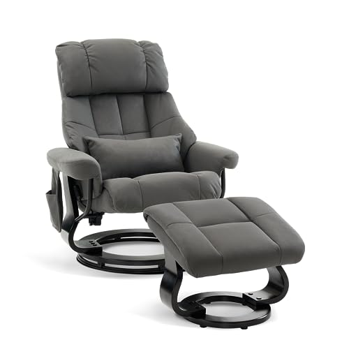 M MCombo Relaxsessel mit Hocker, Drehbare Fernsehsessel mit Liegefunktion, Moderner TV-Sessel Stuhl für Wohnzimmer, mit Kissen & Seitentasche, ohne Massagefunktion, 9066 (Grau, Mikrofaser) von M MCombo