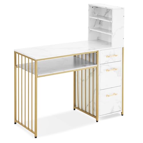 M MCombo Schreibtisch mit 3 Schubladen, Nageltisch aus Holz Metallgestell, Manikürtisch, Schminktisch ohne Spiegel Modern, Computertisch mit Regal Wohnzimmer, 43x108x125cm, 2420 von M MCombo