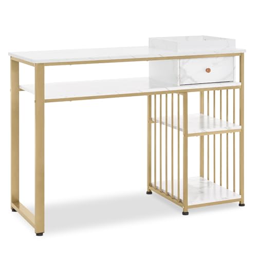 M MCombo Schreibtisch mit Schubladen, Nageltisch mit Regal, Manikürtisch aus Holz Metallgestell, Schminktisch ohne Spiegel Wohnzimmer Modern, Marmor-Weiß Gold, 45 x 110 x 80.5cm, 2498 von M MCombo
