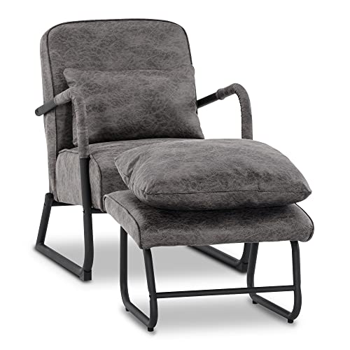 M MCombo Sessel mit Hocker für Wohnzimmer, Retro Vintage Relaxsessel mit Taillenkissen, Armlehnensessel Loungesessel Polstersessel aus Mikrofaserstoff, 4742 (Dunkelgrau, mit Hocker) von M MCombo