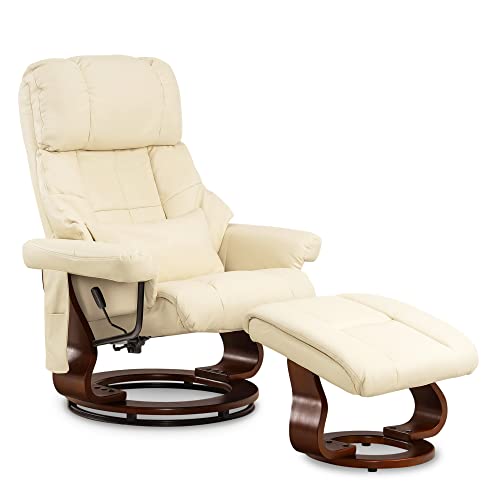 M MCombo Massagesessel mit Hocker, 360° drehbarer Relaxsessel mit Liegefunktion, moderner TV-Sessel Fernsehsessel mit Seitentasche für Wohnzimmer, Kunstleder, 9068 (Creme) von M MCombo